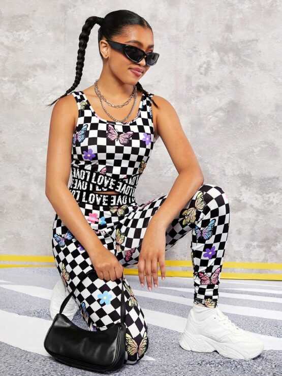 Teen Girls Checker Butterfly Print Tank Top & Leggings - Image 3