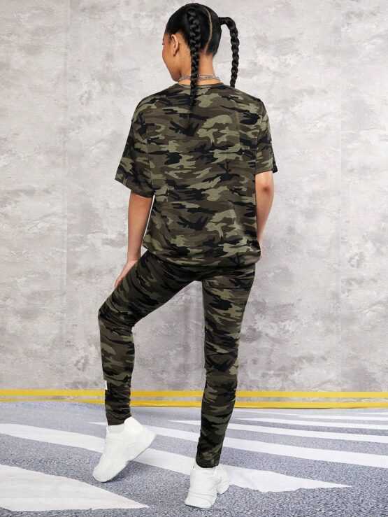 Teen Girls Camo Print Drop Shoulder Tee & Leggings - Image 3