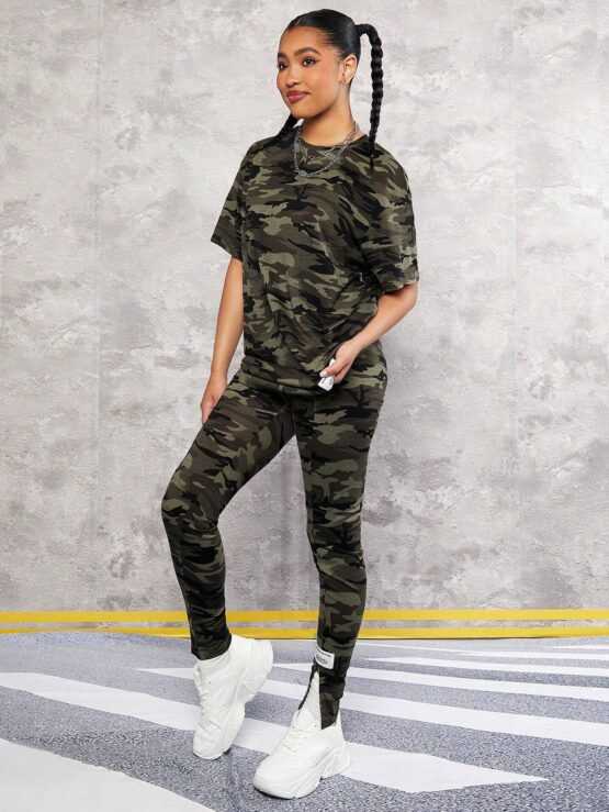 Teen Girls Camo Print Drop Shoulder Tee & Leggings - Image 2