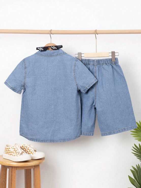 Boys Dual Pocket Denim Shirt & Shorts Set Without Tee - Image 2
