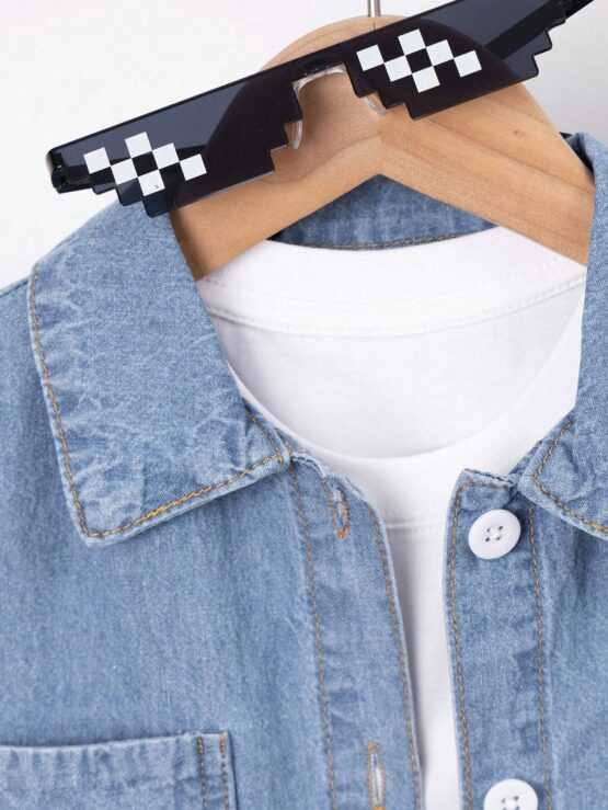 Boys Dual Pocket Denim Shirt & Shorts Set Without Tee - Image 3