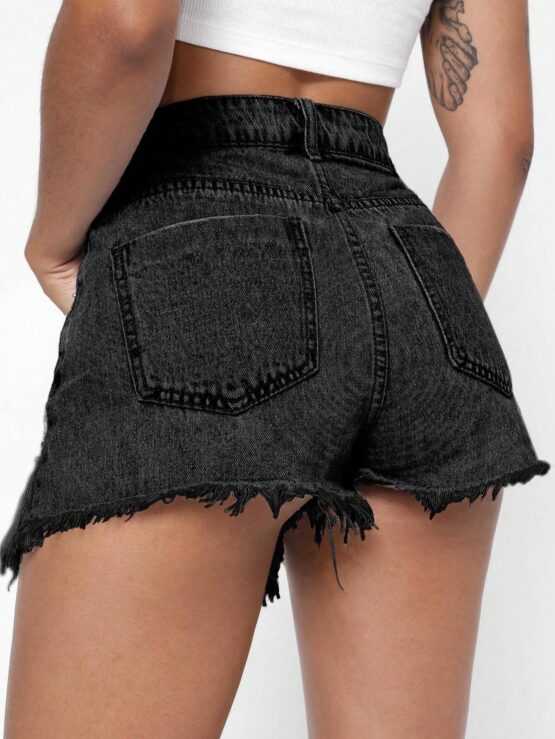 EZwear Chain Detail Raw Hem Denim Shorts - Image 2