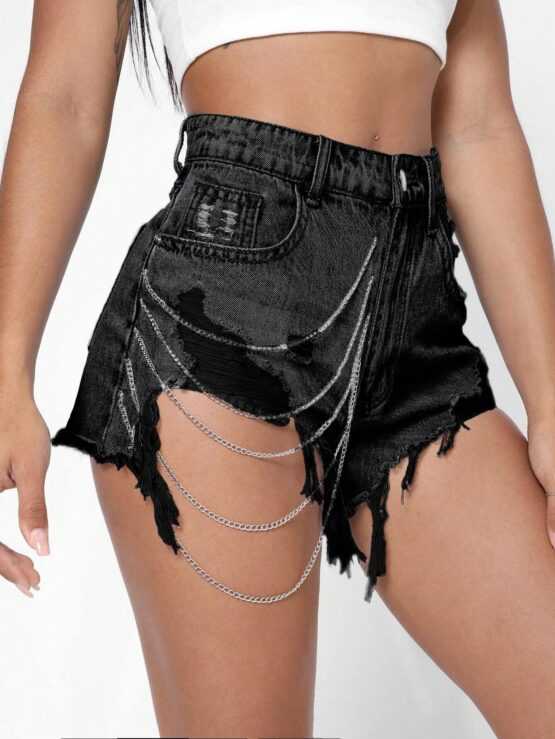 EZwear Chain Detail Raw Hem Denim Shorts - Image 3