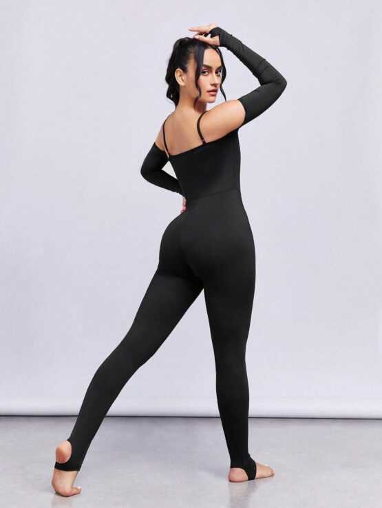 Solid Cold Shoulder High Waist Sports Jumpsuit - Image 3