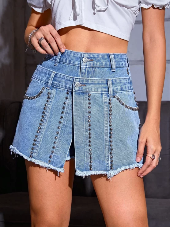 Coolane Studded Detail Raw Hem Denim Skort