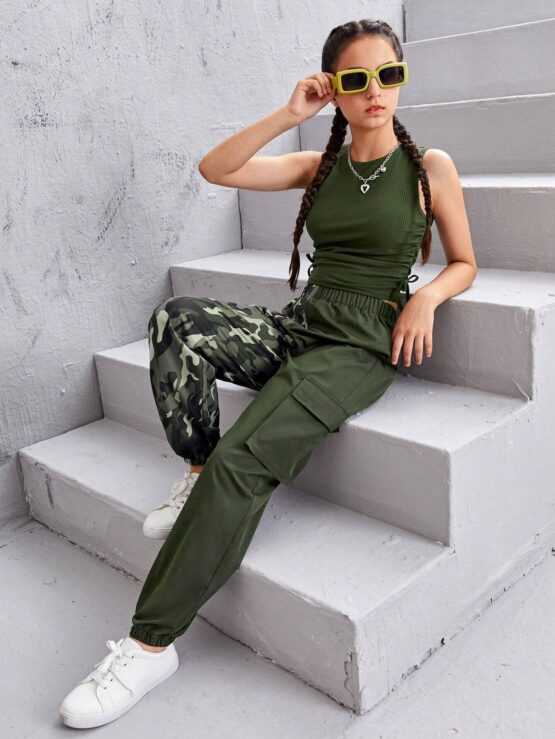 Teen Girls Solid Tank Top & Camo Print Flap Pocket Pants