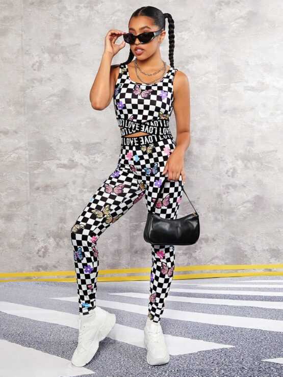 Teen Girls Checker Butterfly Print Tank Top & Leggings