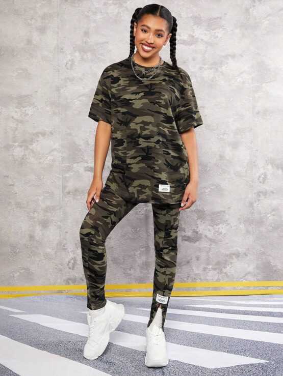 Teen Girls Camo Print Drop Shoulder Tee & Leggings