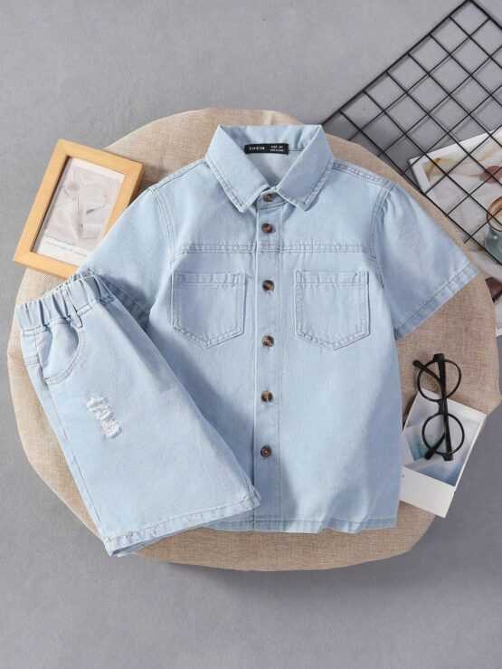 Tween Boy Dual Pocket Denim Shirt & Ripped Denim Shorts