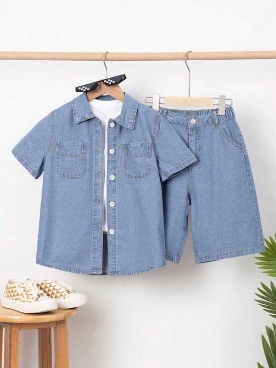 Boys Dual Pocket Denim Shirt & Shorts Set Without Tee