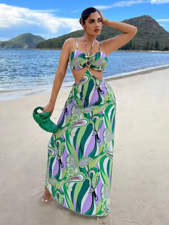 All Over Print Cut Out Tie Backless Cami Dress