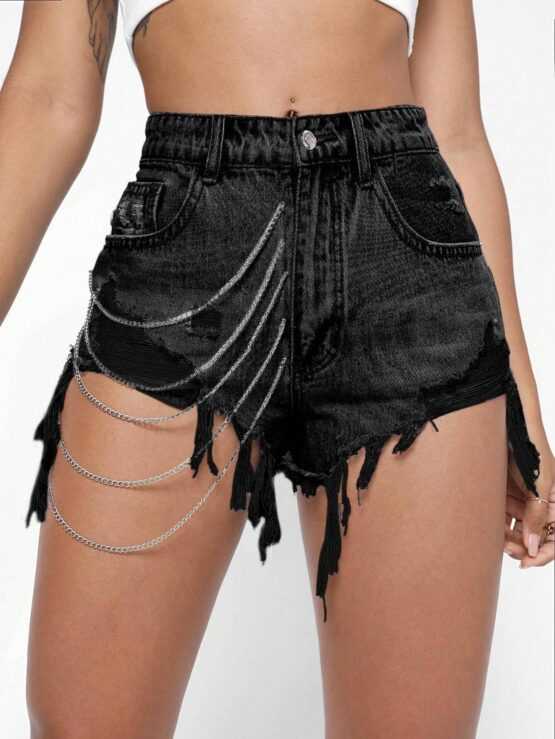EZwear Chain Detail Raw Hem Denim Shorts