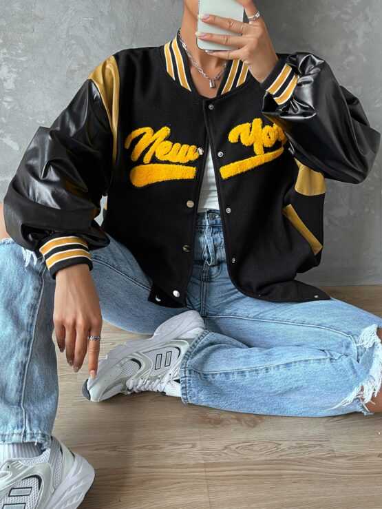 Letter Graphic Contrast PU Sleeve Bomber Jacket - Image 2