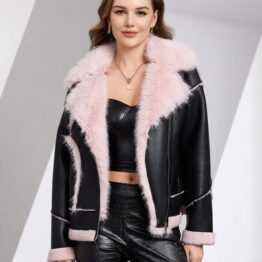 Fuzzy Lined Lapel PU Moto Leather Jacket
