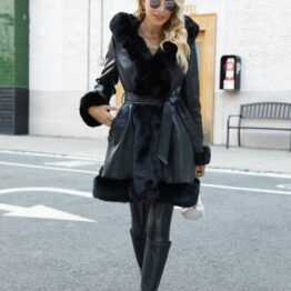 Fuzzy Trim Belted Hooded PU Leather Coat