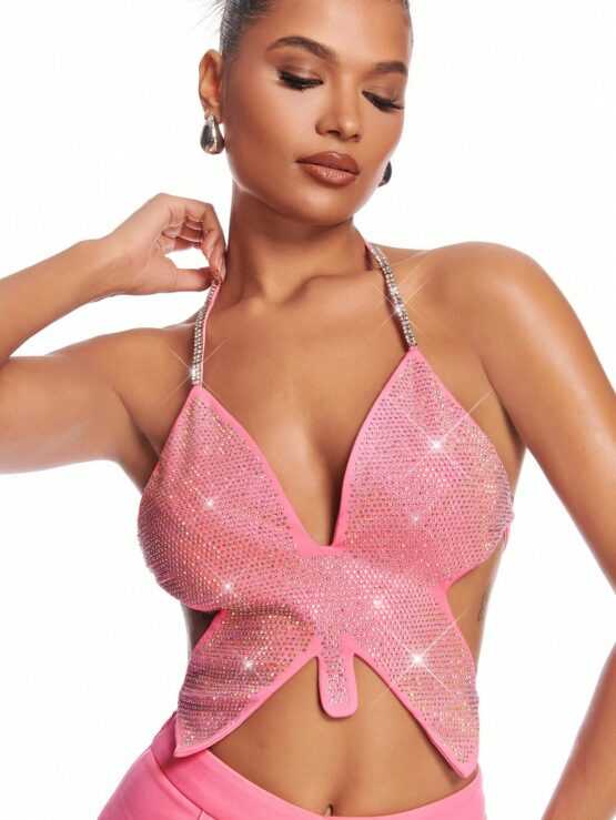 BAE Delicate Rhinestone Embellished Butterfly Shaped Backless Halter Top With Bow Tie