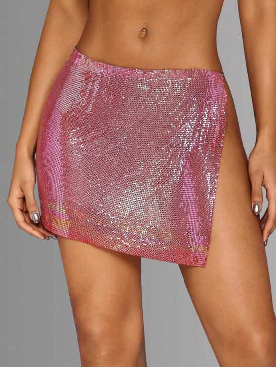 BAE Solid Color High Split Holographic Sparkling Sequin Chainmail Mini Skirt
