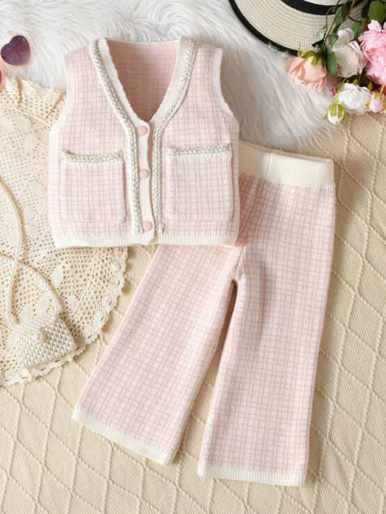Young Girl Plaid Button Pocket Top and Pants Set