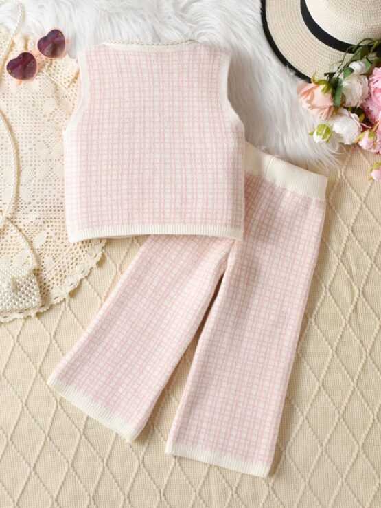Young Girl Plaid Button Pocket Top and Pants Set - Image 2
