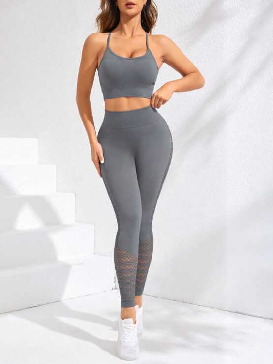 Fashionable Seamless Stretchy Cropped Sports Bra And Leggings Set - Image 2
