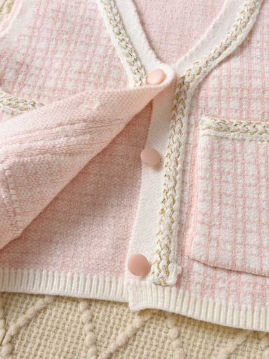 Young Girl Plaid Button Pocket Top and Pants Set - Image 3