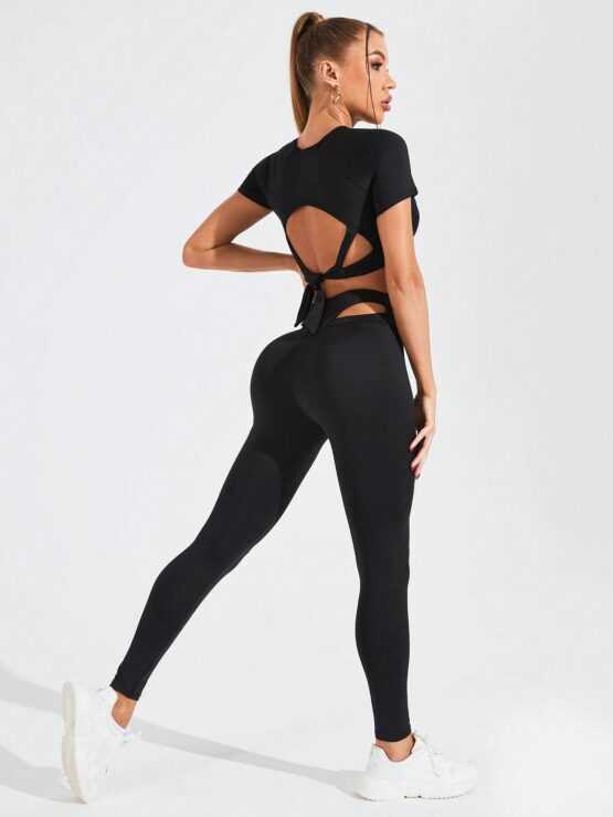 Daily & Casual Solid Color Casual Backless Crop Top & High Waist Slim Leggings With Drawstring - Image 2