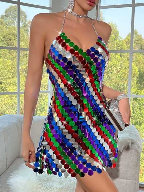 Color Block Acrylic Backless Halter Neck Dress - Image 3