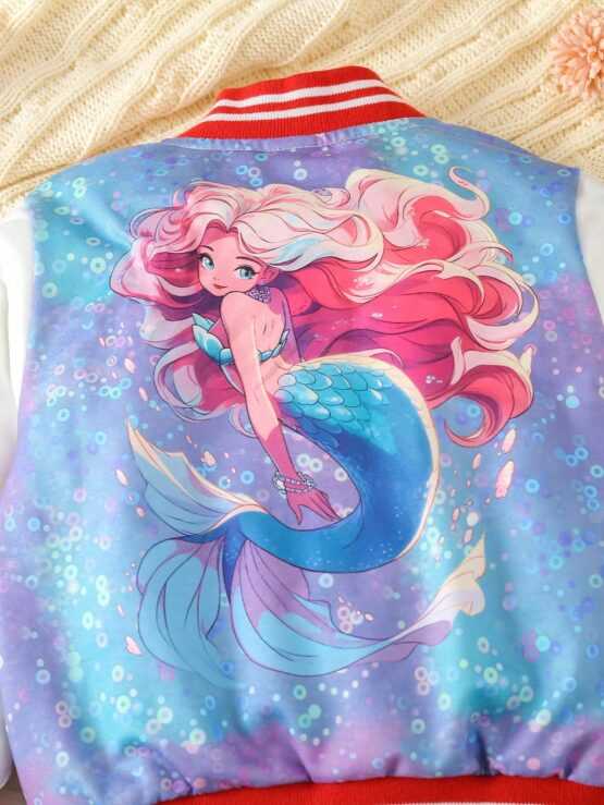 Baby Girls' Mermaid Print Contrast Color Button Front Hooded Jacket - Image 3