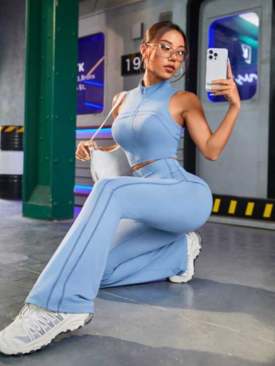 Women Solid Color Zipper Stand Collar Vest And Long Pants Casual Sports Set