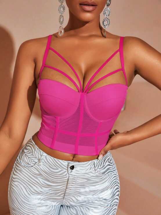 Apperloth Mesh Hollow Out Spaghetti Strap Open Back Corset Bustier Crop Cami Top