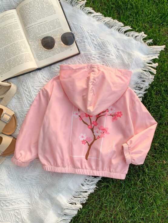 Baby Girl Pink Floral Printed Long Sleeve Hooded Jacket With Flower Print On Back