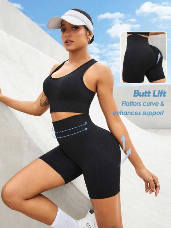 Women's Solid Color Crop Top And Shorts Sports Set