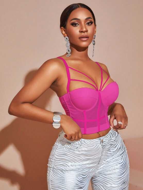 Apperloth Mesh Hollow Out Spaghetti Strap Open Back Corset Bustier Crop Cami Top - Image 3