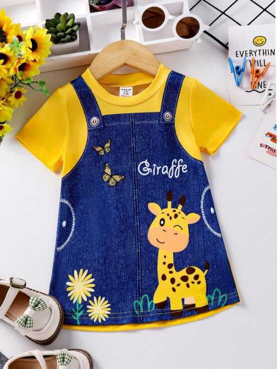 Baby Girl Color Block Spliced Deer Butterfly Print Faux Denim Short Sleeve Dress