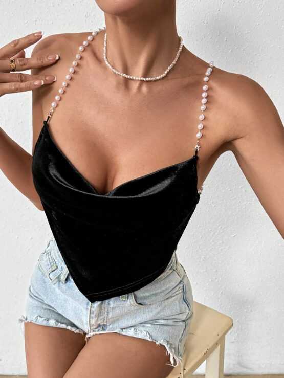 Asymmetrical Cross Back Halter Top With Draped Neckline Faux Pearl Shoulder Straps