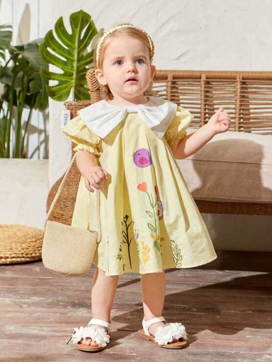 Baby Girl's Casual Color Block Short Sleeve Dress With Bowknot And Pleats