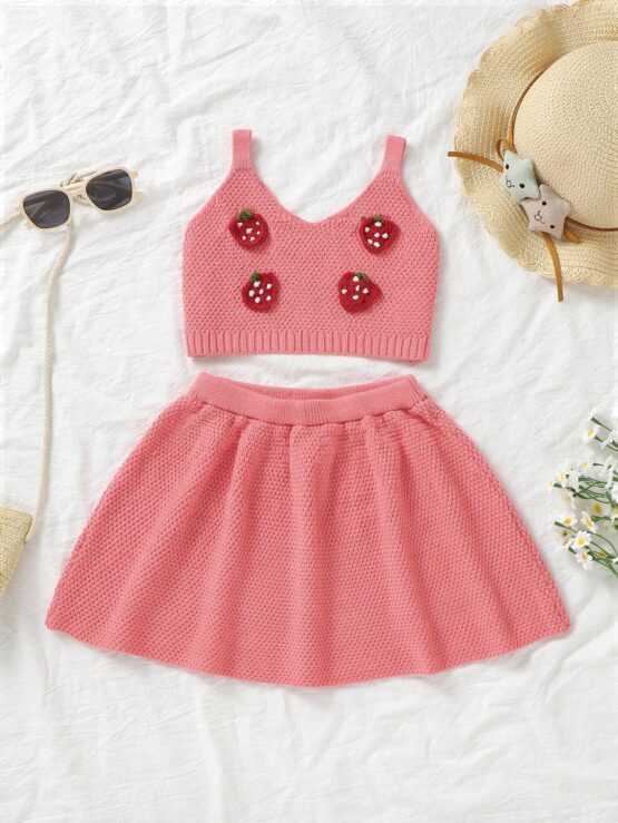 Little Girls' Spaghetti Strap Sleeveless Strawberry Applique Top And Solid Color Skirt Set
