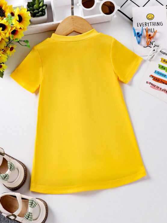 Baby Girl Color Block Spliced Deer Butterfly Print Faux Denim Short Sleeve Dress - Image 2