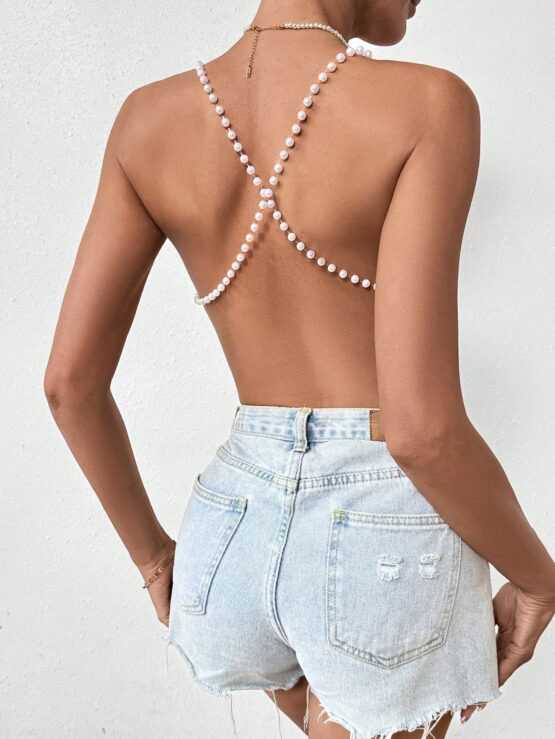 Asymmetrical Cross Back Halter Top With Draped Neckline Faux Pearl Shoulder Straps - Image 2