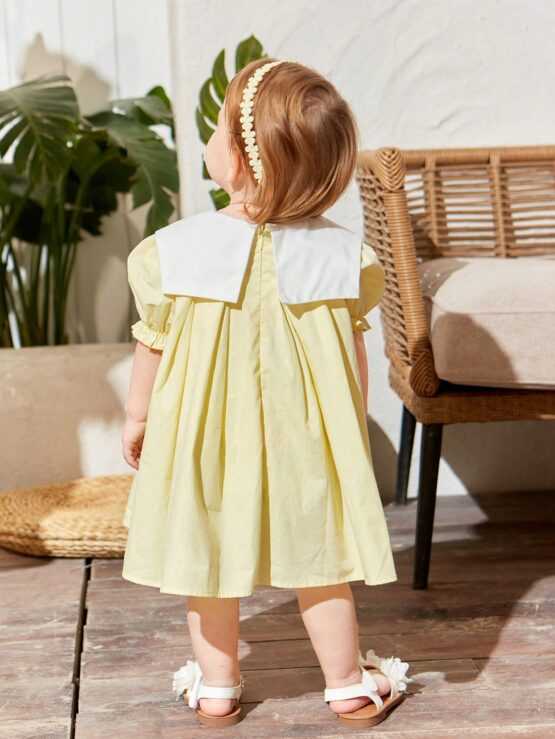 Baby Girl's Casual Color Block Short Sleeve Dress With Bowknot And Pleats - Image 2