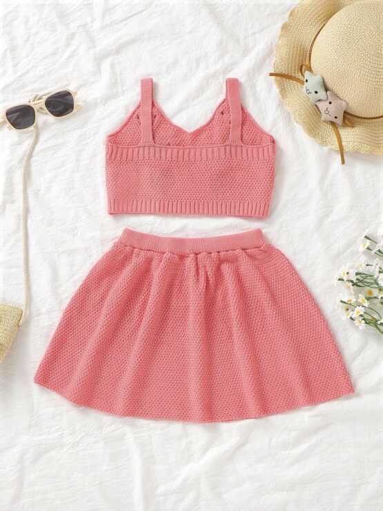 Little Girls' Spaghetti Strap Sleeveless Strawberry Applique Top And Solid Color Skirt Set - Image 2