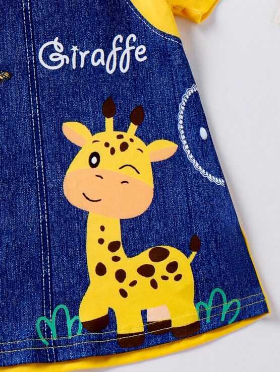 Baby Girl Color Block Spliced Deer Butterfly Print Faux Denim Short Sleeve Dress - Image 3