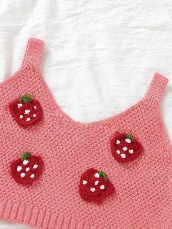 Little Girls' Spaghetti Strap Sleeveless Strawberry Applique Top And Solid Color Skirt Set - Image 3