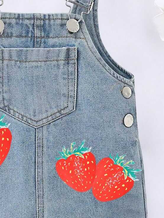 Baby Girl's Elegant Sweet And Fashionable Strawberry Printed Denim Overalls - Image 2