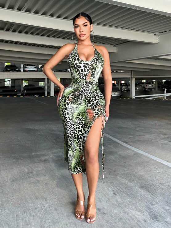 Bohemian Style Animal Print Leopard Drawstring Halter Strap Split Sexy Maxi Backless Dress