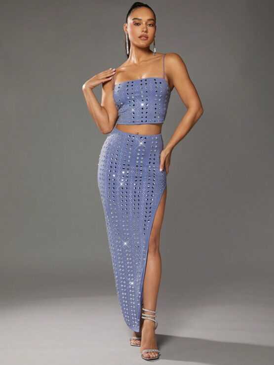 BAE Summer Prom Blue Rhinestone Tight High Split Skirt