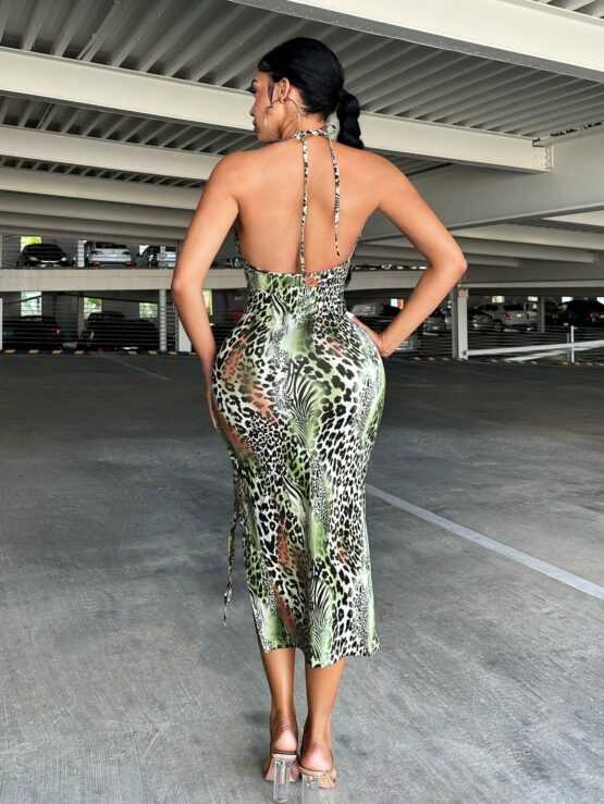 Bohemian Style Animal Print Leopard Drawstring Halter Strap Split Sexy Maxi Backless Dress - Image 2