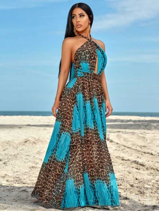 Leopard Print Spliced Hollow Out Backless Halter Neck Dress - Image 3