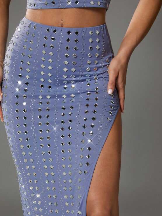 BAE Summer Prom Blue Rhinestone Tight High Split Skirt - Image 3