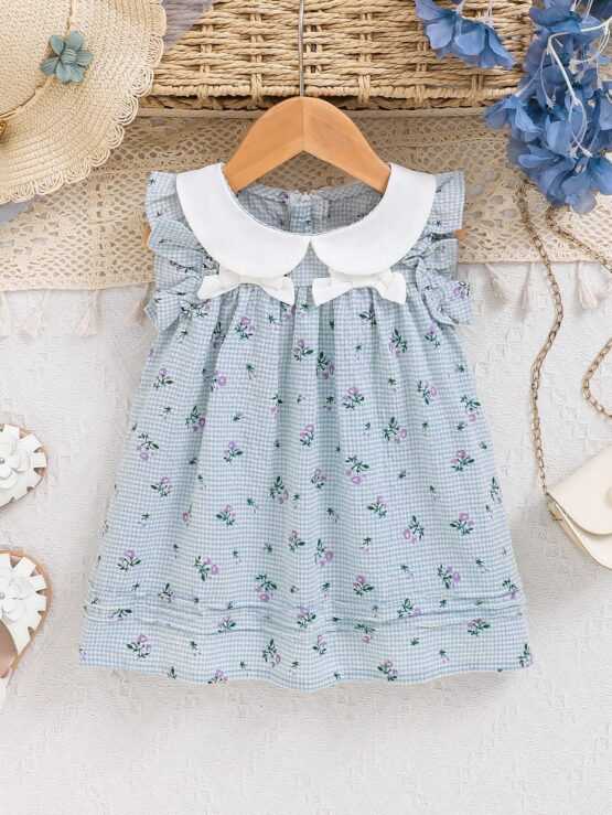 Baby Girl Color Block Doll Collar Short Puff Floral Sleeve Dress With Bow Decoration
